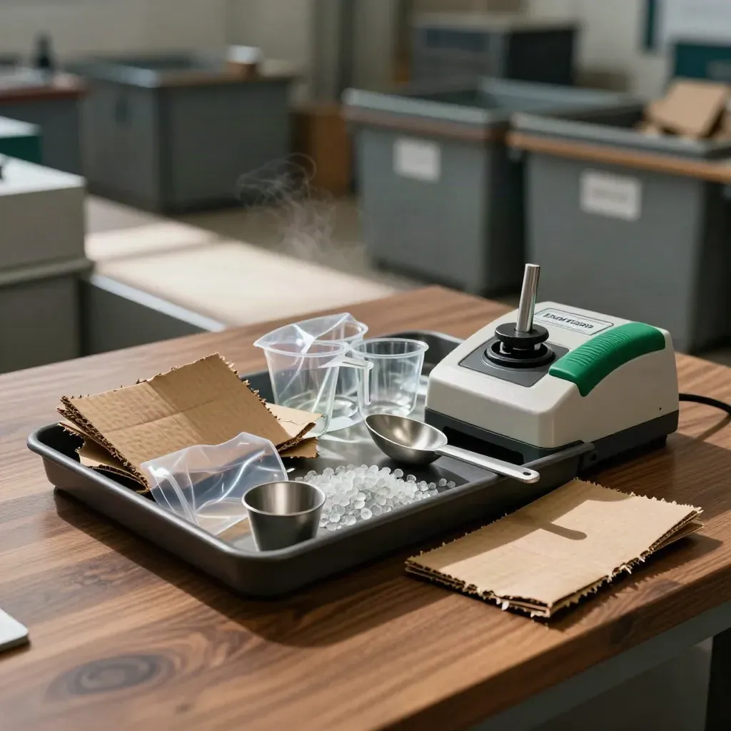 Sorteerbakjes met karton, folie en korrels naast een seal-tester in een donkere tray.