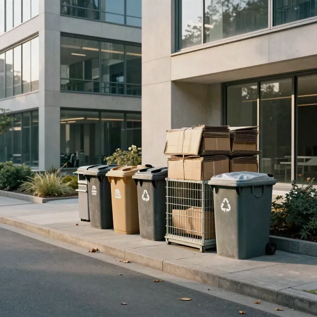Nette afvalhoek bij een kantoorpark met gescheiden containers langs een brede rijbaan.
